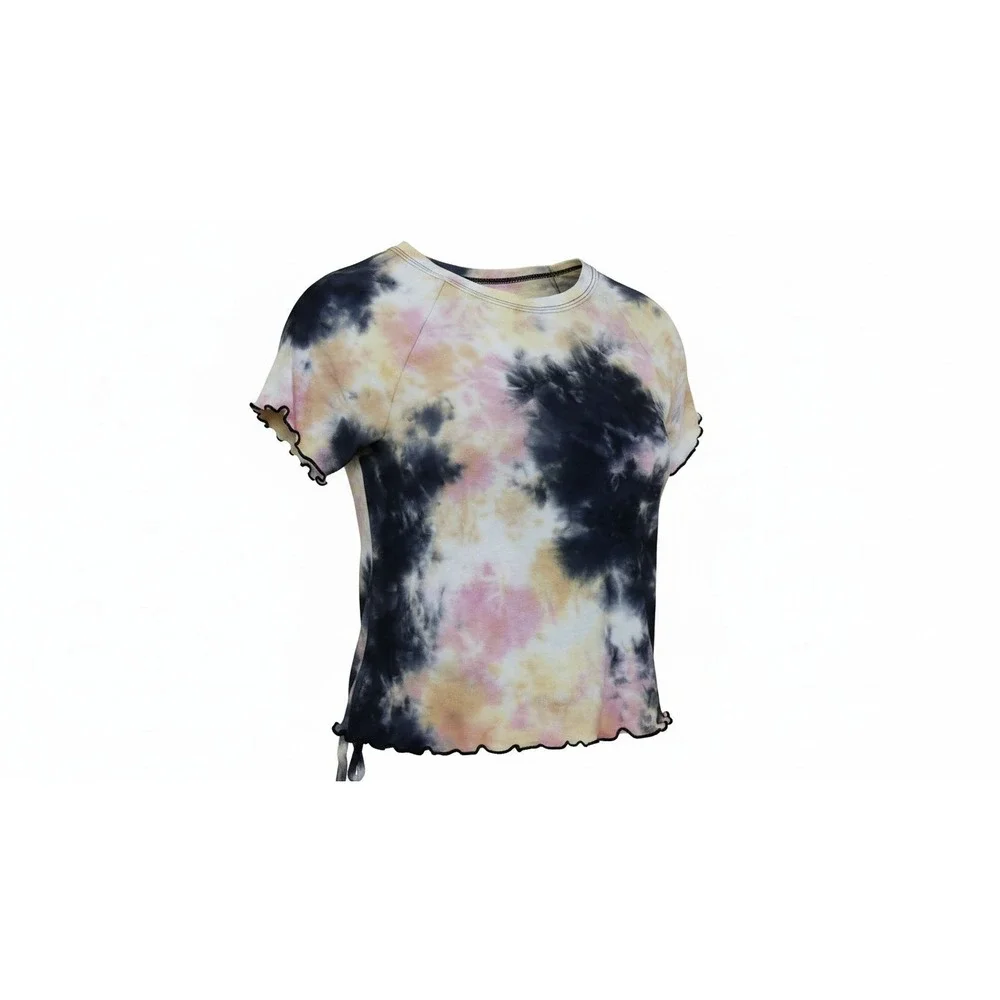 PacCares Tie Dye Top Womens S Brown Lettuce Edge Side Tie Raglan Sleeve